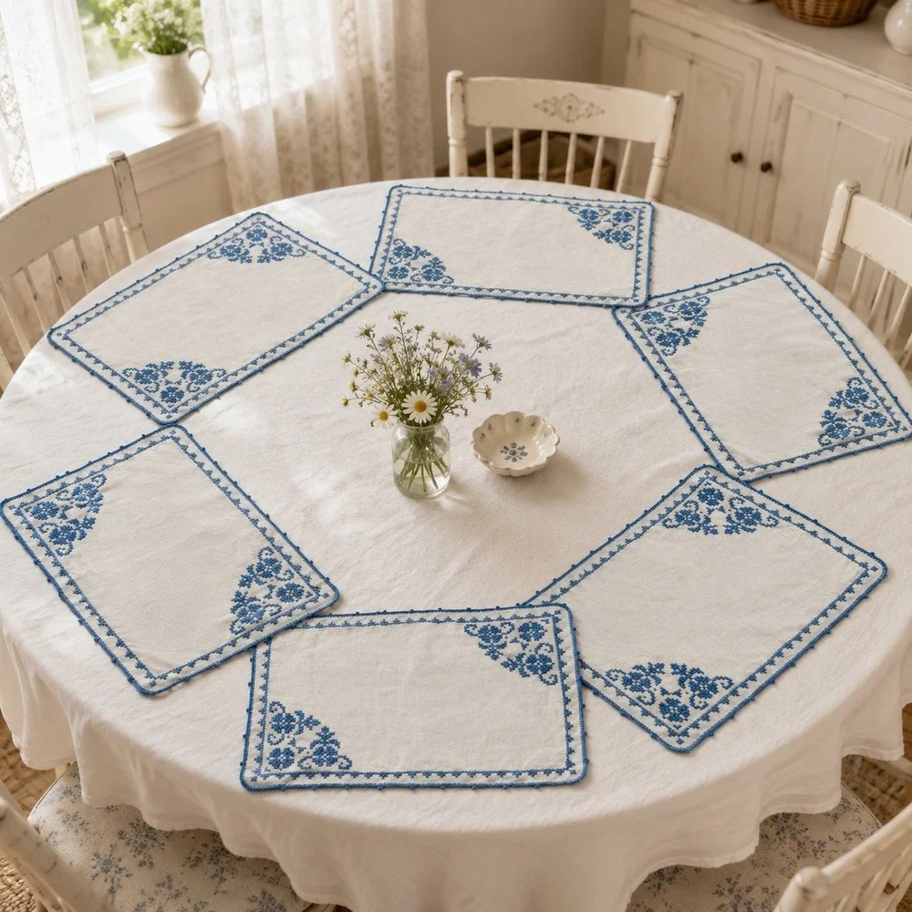 Vintage Handmade Blue Cross Stitch Linen Placemats Set 6 Floral Crocheted Edge